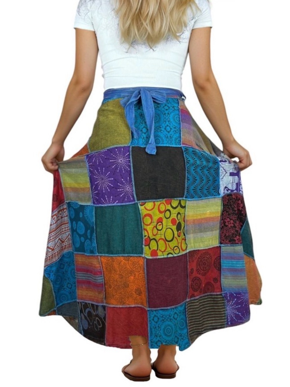 Agan Traders Blue Multicolor Patchwork Cotton Long Wrap Skirt Tie Size XXL - Picture 2 of 12
